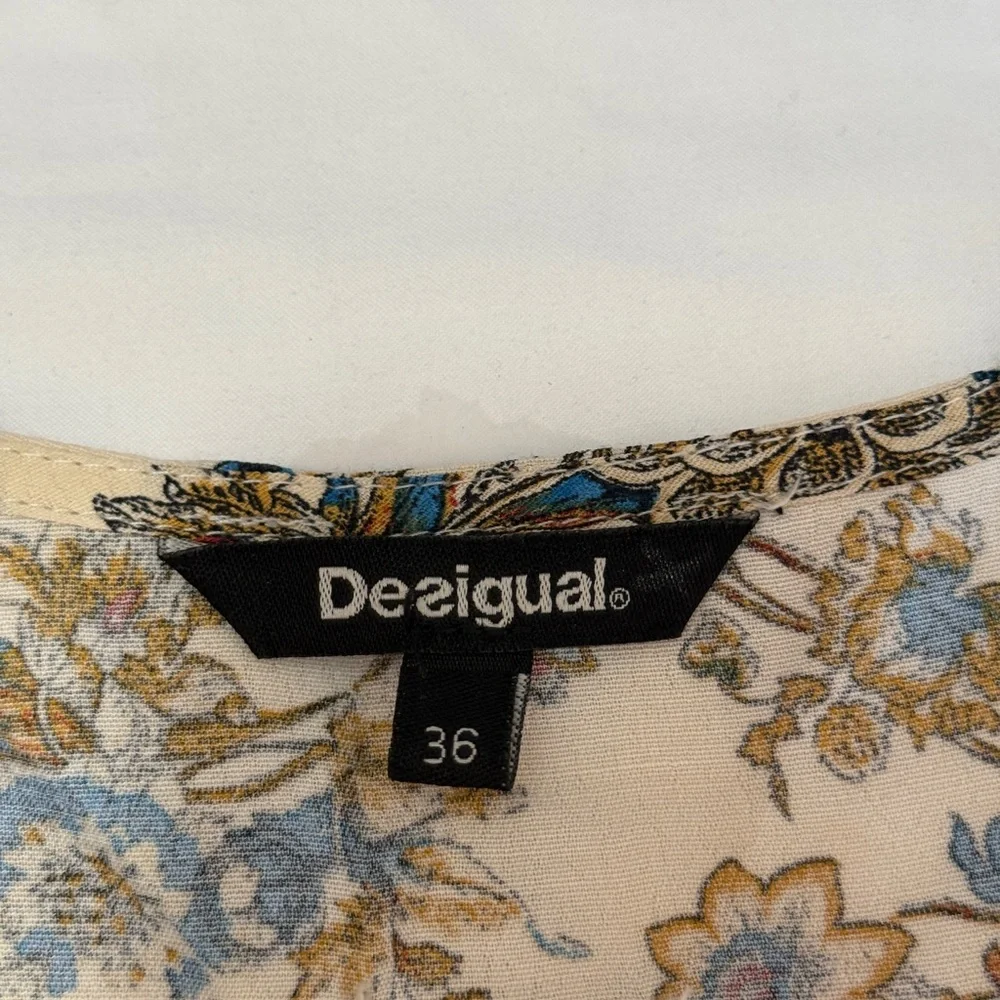 Desigual Blue and Cream Floral Smocked Waist Boho Dress Size S - Picture 9 of 11